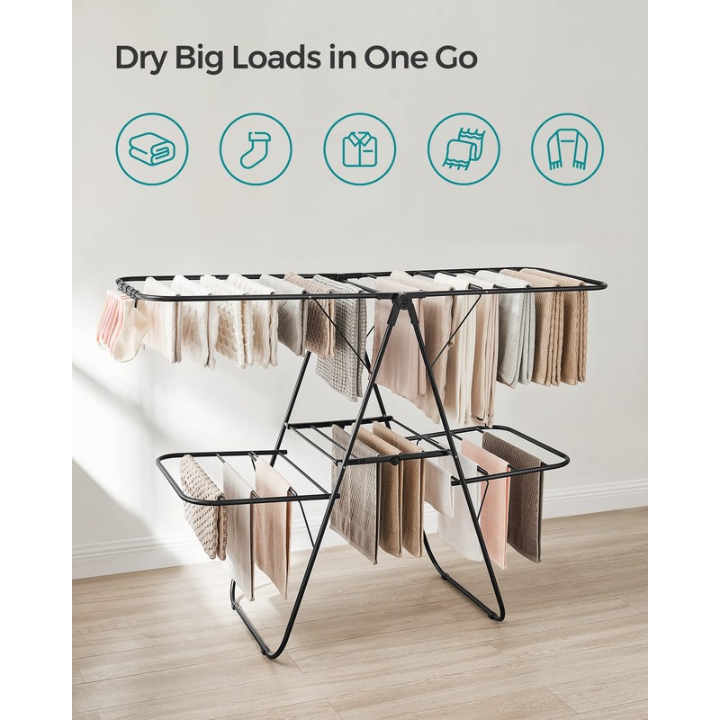 SONGMICS Clothes Drying Rack, Foldable 2-Level Laundry Drying Rack, Free-Standing