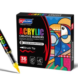 SKYGLORY 24/36 Vibrant Colors Brush Tip Acrylic Paint Markers Set, Liquid ink markers for Calligraphy, Canvas, Wood & Crafts | Quick-Dry, Flexible Tip | Artist-Grade Drawing Supplies (36)