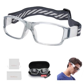 SooGree Gafas deportivas para Aldult, gafas protectoras para correr, gafas de fútbol de baloncesto, con absorción de impactos, correa ajustable (marco gris almohadilla blanca)