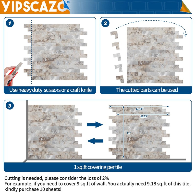 Yipscazo 1 Sheet Peel and Stick Stone Metal Tile Backsplash,