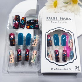 Pigment Press on Nails Graffiti Fake Nails Glossy Red Love Heart Stick on Nail 24Pcs Medium Square Acrylic Full Cover False Nail Yellow Gradient Gel Glue on Fingernails for Holiday Manicure Art