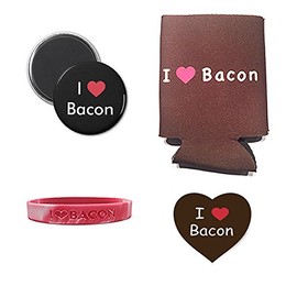 I Love Bacon Sampler Gift Pack (4pc Set) - I Heart Bacon Drink Cooler, Silicone Wristband, Magnet & I Love Bacon Sticker