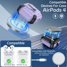 for AirPods 4 Case, 【Built-in Invisible Bracket】 Secure Lock Case [Compatible with MagSafe] for AirPods 4th Generation 2024 wiht Cleaning Kit, Auto-Open, Military Grade Protective (Purple)