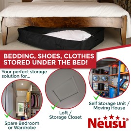 Neusu Black Underbed Storage Bag XL - 130 Litres 96x78x18cm - With Zip - Heavy Duty Polyester Under Bed Storage for Duvets, Blankets, Clothes, Shoes