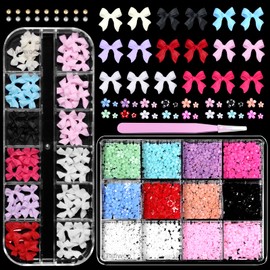 3D Nail Charms for Acrylic Nail, 6 Colors Small Nail Flower and Bows Nail Charms, Assorted Bowknot Flowers Butterfly Star Heart Pearls Nail Art Charms for Nail Art DIY