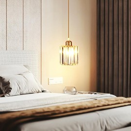 Viosked 1 Pack Glass Pendant Light Battery Operated with Remote, Rechargeable Wireless Hanging Light Gold, Battery Powered Pendant Lamp Small Crystal Glass Chandelier for Kitchen Dining Table Bedroom