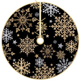 Fzbali - Falda para árbol de Navidad de copos de nieve, color negro y dorado de 24 pulgadas, con cordones, falda para árbol de Navidad, decoración de interiores para fiestas de invierno
