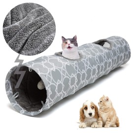 LUCKITTY Geometric Straight Cat Tunnel with Plush Inside,Cats Toys Collapsible Tunnel Tube with Balls, for Rabbits, Kittens, Ferrets,Puppy, Diameter 9.8 Inch