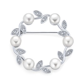 Elegant Classic White Freshwater Cultured Pearl Circle Leaf Scarf Brooch Pin For Women Wedding .925 Sterling Silver