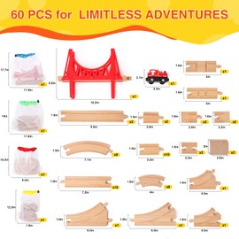 WudBudz Wooden Train Set 60PCS for Toddlers - Expandable Train Tracks Compatible with Thomas, Melissa and Doug, Brio Toys, Creative Building Fun for Ages 3-5 Boys & Girls, Storage Included