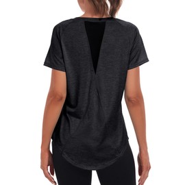 Beuwltpa Women's Long Workout Tops,Short Sleeve Dry-Fit Mesh Open Back Loose Fit Gym Athletic Running Shirts Exercise Tee Black