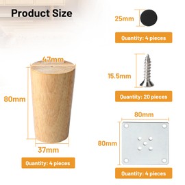 DBREAKS Wooden Furniture Feet, Pack of 4 Solid Wood Conical Replacement Table Legs, 8 cm Furniture Legs with Mounting Plates & Screws, Sofa Feet & Base Feet & Table Foot for Chairs, Cabinet, Sofa,