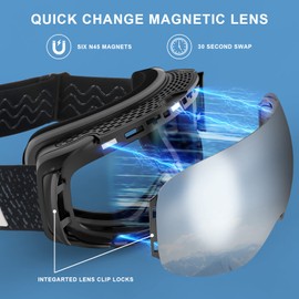 EMSINA A1 Ski Goggles Men,Ski Goggles Women.Anti-Fog/Scratch 100% UV-Magnetic Lens-Snowboard Snow Goggles Men Women Adult & Junior(S3-Black Frame/Revo silver Lens Vlt 14%) Adult