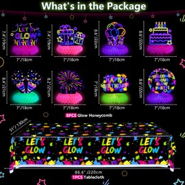 Juego de 10 piezas de decoración de mesa de fiesta que brilla en la oscuridad, centro de mesa de neón y manteles Let's Glow – Decoración de neón para niños que brillan en la oscuridad suministros de