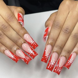 Christmas Press on Nails Long Square Fake Nails Red French Tip Nails Press on Snowflake Designs Acrylic False Nails Full Cover Glossy Glue on Nails Xmas Reusable Stick on Nails for Women 24Pcs