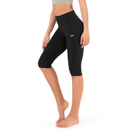 ODODOS Women's Knee Length High Waisted Yoga Capri Leggings with Pockets, Workout Running Sports Athletic Yoga Capris, Black, X-Large