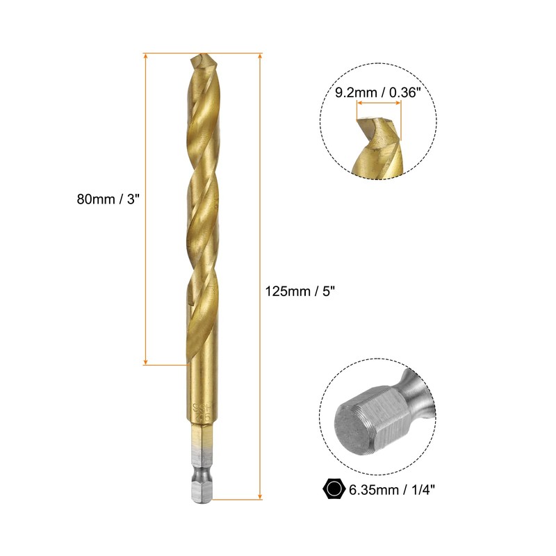sourcing map 1/4" Hex Shank Twist Drill Bits 9.2mm Titanium