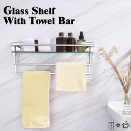 LANC Bathroom Glass Shelf with Towel Bars 20-Inch Silver Floating Tempered Glass Shelves with 2 Rails for Bathroom Kitchen Accessories Organizers Glass Rack Wall Mount Stainless Steel Chrome，A7617CP