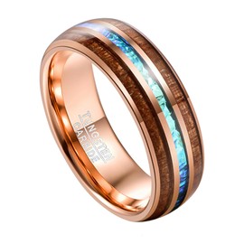 TUNGSTORY 8mm Mens Rings Rose Gold with Opal Paper & Hawaii Koa Wood Inlay Tungsten Wedding Engagement Bands Size 11