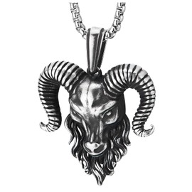 COOLSTEELANDBEYOND Mens Steel Goat Head Pendant Necklace, Vintage Big Horn Aries Ram Goat Head, 30 Inches Wheat Chain