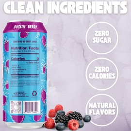 No Cap! Healthy Soda Drinks For Kids, Teenagers & Adults, Zero Sugar, Zero Calorie, Natural Flavors, Caffeine Free, 16 Oz Cans, (12 Pack) Bussin' Berry