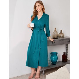Ekouaer Dressing Gown for Women 3/4 Sleeve Kimono Casual Robe Sauna Gown Soft Lightweight Long Loungewear V-Neck Dressing Gown S-XXL, Blue Green