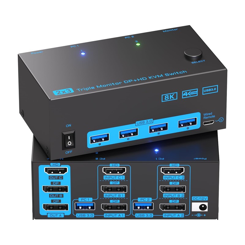 KVM Switch 3 Monitors 2 Computers, Reyoten 8K60Hz KVM Switches,3