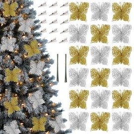18Pcs Christmas Glitter Butterfly Ornament Christmas Tree Butterfly Decorations with Clip Hollow Butterfly Ornaments for Xmas Wreath Hanging Decor Wedding Holiday Party Decorations (Gold Silver)