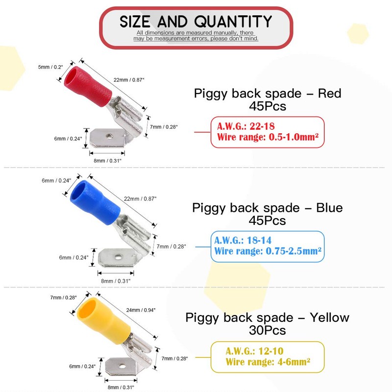 Hilitchi 120pcs 22-16/16-14/12-10AWG Piggy Back Insulated Terminals Electrical Wiring Wire