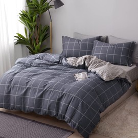 SAPHREAS Gray Plaid Duvet Cover Set 100% Cotton Comforter Cover Set 1 Duvet Cover 2 Pillow Shams Double Size