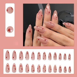 24Pcs Heart Press on Nails Medium Almond Fake Nails Valentine’s Day Glue on Nails Nude Pink Full Cover False Nails Red Love Hearts Artificial Acrylic Nails Stiletto Stick on Nails for Valentines Nails