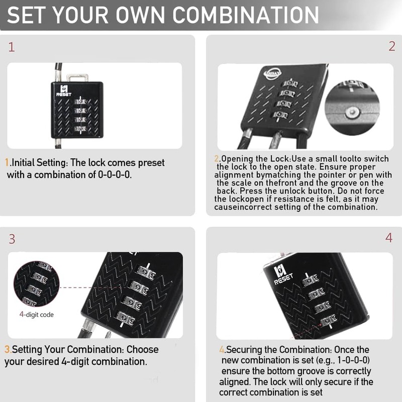 RESET-STS 4 Digit Combination Lightweight Security 40cm Cable Lock -