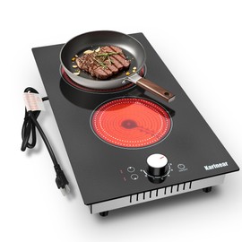 Karinear 110V Electric Cooktop 2 Burners, 12 Inch Electric Stovetop Knob Control, 110v Outlet Plug, Countertop Use or Built-in Radiant Cooktop, 9 Power Level Electric Ceramic Cooktop