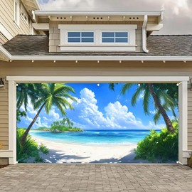 BlissYard 13x6ft Summer Garage Door Banner Natural Scenery Beach Backdrop Tropical Beach Scenery Blue Sky Garage Door Cover Decoration for Pool Party Indoor Outdoor House Wall Background Decor