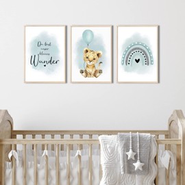 MeinBaby123®, Children's Room Pictures, Set of 3, DIN A4 Poster Set, Wall Pictures, Children's Room Poster, Decorative Pictures, Children's Room Girls and Boys, Premium Wall Poster (Lion & Mint