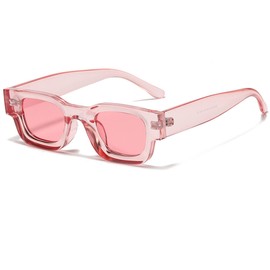 Teumire Retro Rectangle Polarized Sunglasses for Small Face Women Men Chunky Square Thick Frame Glasses UV400 Protection(Transparent Pink/Pink)