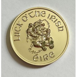 Lucky Irish Coin - Gold, Silver or Emerald Green Colour - 22g, 38mm Diameter, 3.5mm Thick, Leprechaun, Shamrock, Ireland Design (Gold)