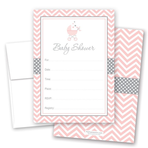 24 Cnt Pink Carriage Baby Fill-in Baby Shower Invitations