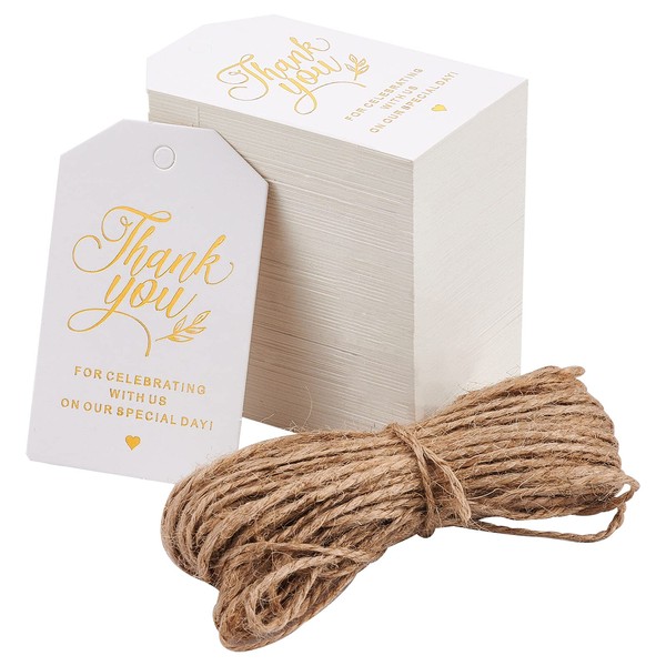 GLOBLELAND Pack of 200 Thank You Gift Tags with 20 m Jute String for Hanging, Decoration for Christmas, Wedding