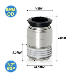 TAILONZ PNEUMATIC Round Male Straight 8mm Tube OD x 1/2 Inch BSP Thread Push to Connect Fittings POC8-04 (Pack of 10)