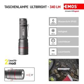 EMOS - Cree LED metal torch Ultibright 70 with focus function - 2 light modes - shock-resistant - waterproof - super bright 340lm, max. 200m - with clip and handle - IP65 for indoor and outdoor use - grey