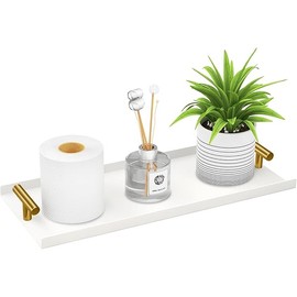 LSK Toilet Paper Basket, White Tank Tray with Golden T-Handle, 14 Inch Bathroom Tray for Organizing, Aluminium Toilet Paper Storage for Tank Topper, Bathroom, Kitchen Counter