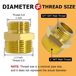 Hooshing Garden Hose Adapter 3/4" GHT Male to 1" NPT Male Brass Water Hose Connector