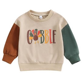 Engofs Toddler Baby Boy Girl Thanksgiving Outfit Turkey Letter Print Sweatshirt Pullover Tops Fall Winter Clothes Khaki 6-12 Months
