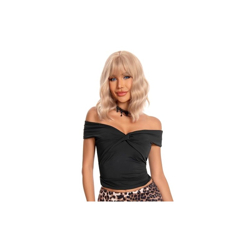 Pelucas para Mujer de Pelo Corto ondulado con Flequillo(12’’/30cm, Oro)