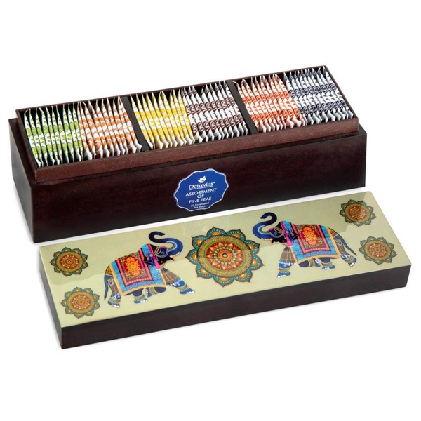 Octavius Assortment of 6 Fine Black & Green Teas in Handcrafted Wooden gift for Christmas & New Year Box with Traditional Indian Elephant Pattern On The Lid - 60 Enveloped Teabags | Perfect Variety Pack gift for Tea Lovers