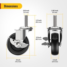 HOLKIE Caster Wheels 3 inch Locking Casters Set of 8, Threaded Stem 3/8" -16 x 1-1/2" (Diameter 3/8", Length 1-1/2") Swivel Heavy Duty Castors Black