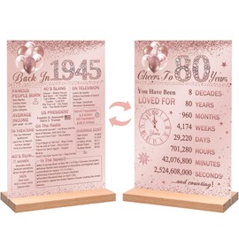 Vlipoeasn Pink 80th Birthday Table Decoration for Women, Vintage 1945 Poster, Large Rose Gold Back in 1945 Acrylic Table Sign with Stand, 80th Class Reunion Decor, 80 Year Old Birthday Party Supplies