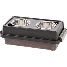 IRIS USA 2-in-1 Elevated Dog Bowls 6" H with Airtight Pet Food Storage Container Holds Up to 5 Lbs, Removable 2 Thick 16 oz Stainless Steel Bowls, at Home or Camping Pet Dish Bowl Set, Smoke/Black