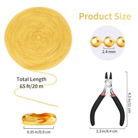 Mudder 65 ft Ball Necklace Chains, 2. 4mm Bead Link Dog Tag Chain Roll with 40 Ball Connectors and Plier for Necklace Hanging Ornament Key Chain Dog Pet Tags(Gold)